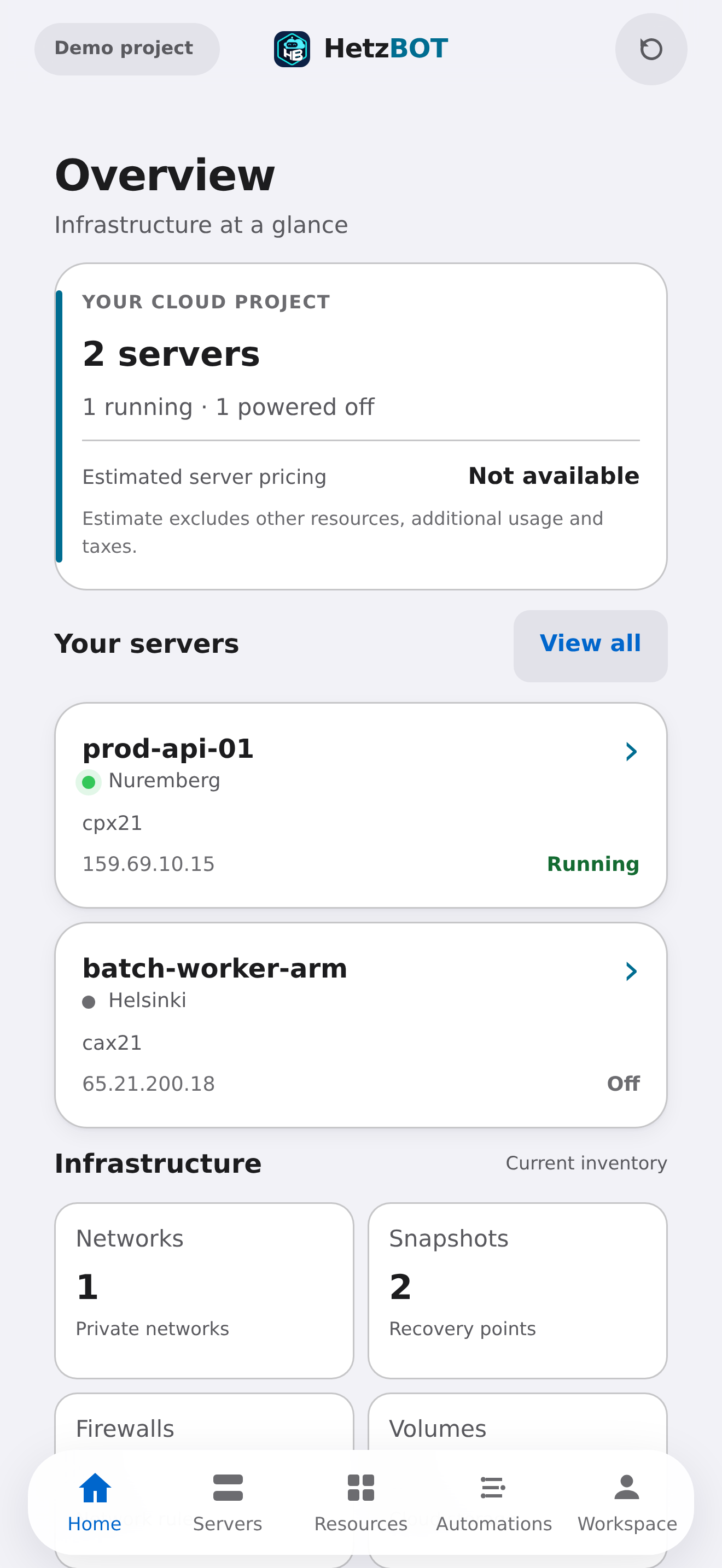 HetzBOT Home screen showing a sample Hetzner Cloud server fleet in demo mode